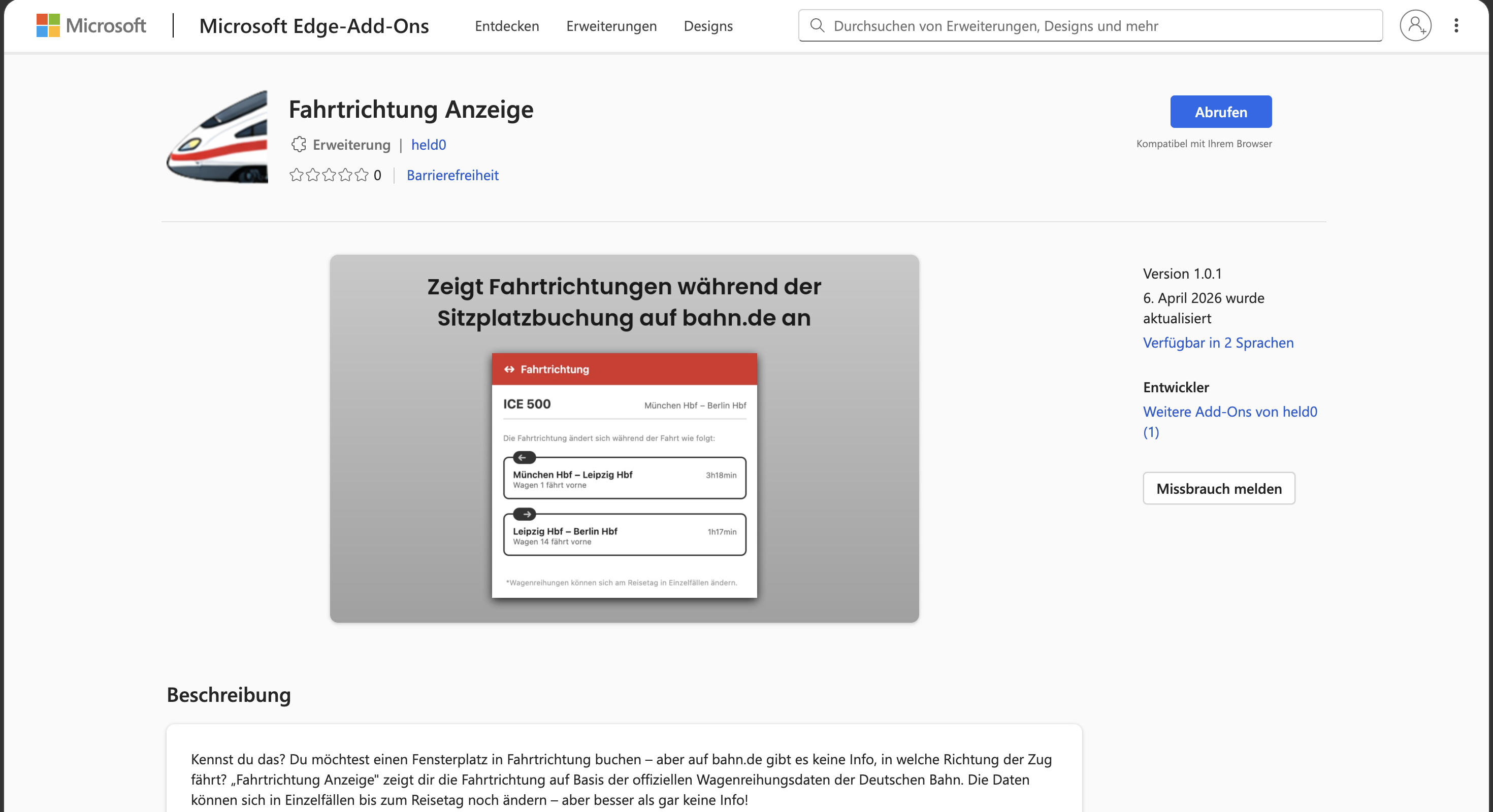 Microsoft Edge Add-ons – Fahrtrichtung Anzeige