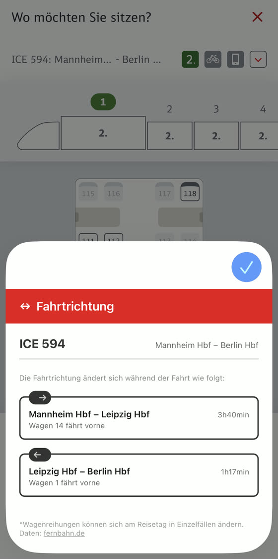 Fahrtrichtung in Safari on iPhone: ICE 594, direction of travel per section